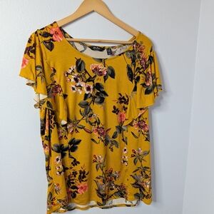 Du Jour Mustard Yellow Floral Flutter Sleeve Top, Size 2X
